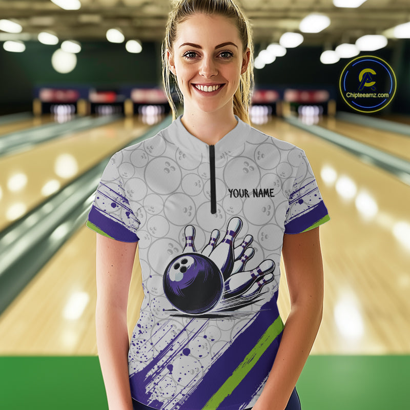 Purple and Green Bowling Camo Women Polo, 1/4 Zip Shirt Custom Team bowling jersey gift for bowlers NQS10008