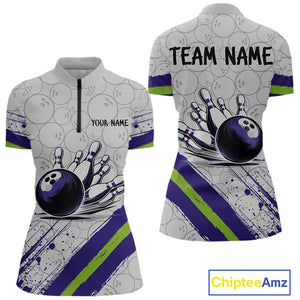 Purple and Green Bowling Camo Women Polo, 1/4 Zip Shirt Custom Team bowling jersey gift for bowlers NQS10008