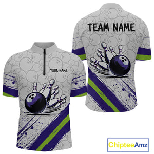 Purple and Green Bowling Camo Polo, 1/4 Zip Shirt for Men Custom Team bowling jersey gift for bowlers NQS10008