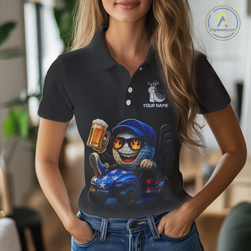 Funny American Flag Golf ball Womens golf polo shirts custom golf and beer golf apparel for ladies NQS10009