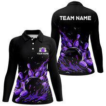 Load image into Gallery viewer, Purple Flame Fire Women bowling Polo, Quarter Zip shirts custom bowling team shirts, bowling gifts NQS7902