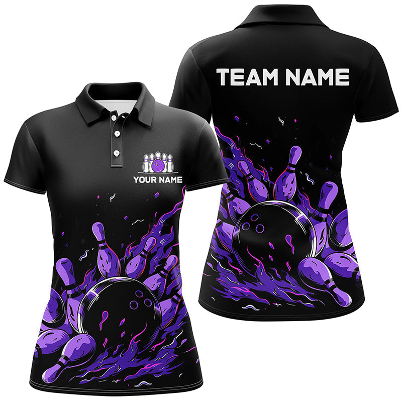 Purple Flame Fire Women bowling Polo, Quarter Zip shirts custom bowling team shirts, bowling gifts NQS7902