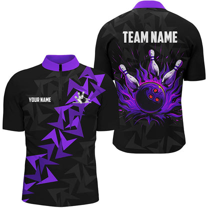 Black and Purple Flame Camo bowling Polo, Quarter Zip shirts for men custom bowling team jerseys NQS7903