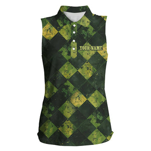 Green and Yellow argyle grunge pattern Women sleeveless polo shirts custom golf apparel for ladies NQS8113