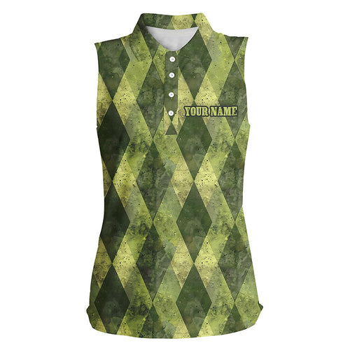 Green argyle grunge pattern Women sleeveless polo shirts custom ladies golf tops, golfing gifts NQS8114