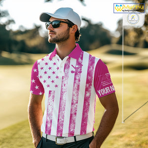 Personalized Pink & White American Flag Retro Men golf polo shirts Custom Patriotic golf top for men NQS10307
