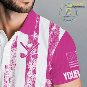 Personalized Pink & White American Flag Retro Men golf polo shirts Custom Patriotic golf top for men NQS10307