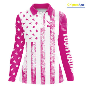 Personalized Pink & White American Flag Retro Women golf polo shirts Custom Patriotic ladies golf top NQS10307