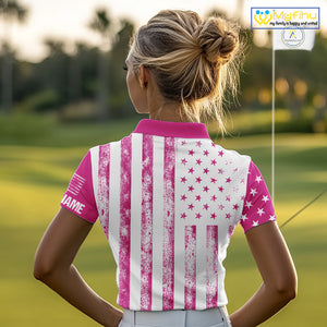 Personalized Pink & White American Flag Retro Women golf polo shirts Custom Patriotic ladies golf top NQS10307