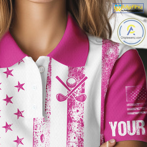 Personalized Pink & White American Flag Retro Women golf polo shirts Custom Patriotic ladies golf top NQS10307