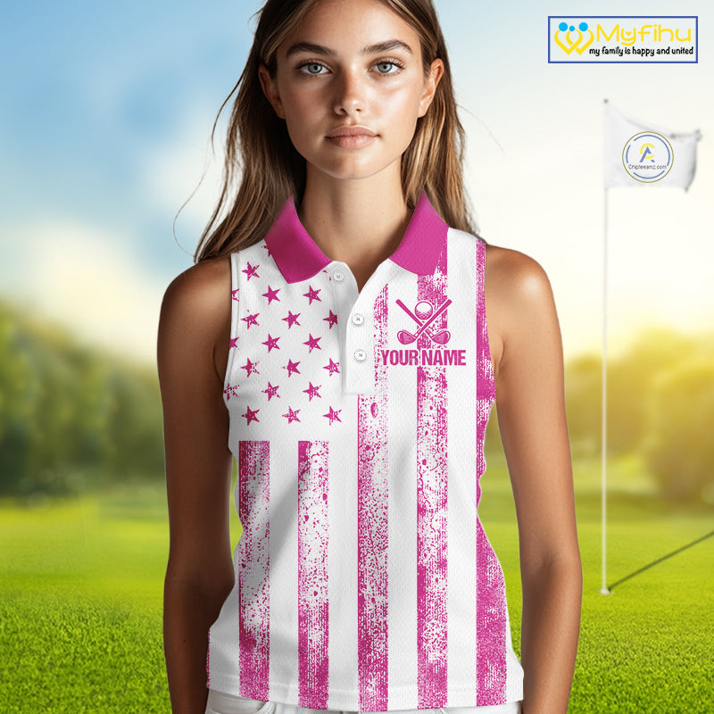 Personalized Pink & White American Flag Retro Women sleeveless polo shirt Patriotic laies golf top NQS10307