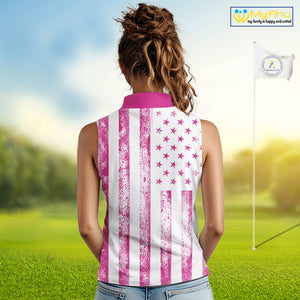 Personalized Pink & White American Flag Retro Women sleeveless polo shirt Patriotic laies golf top NQS10307
