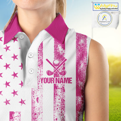 Personalized Pink & White American Flag Retro Women sleeveless polo shirt Patriotic laies golf top NQS10307