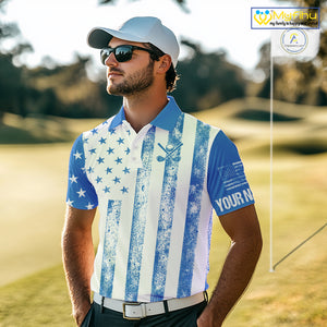 Personalized Blue & White American Flag Retro Men golf polo shirts Custom Patriotic golf top for men NQS10308