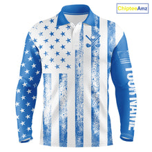 Load image into Gallery viewer, Personalized Blue &amp; White American Flag Retro Men golf polo shirts Custom Patriotic golf top for men NQS10308