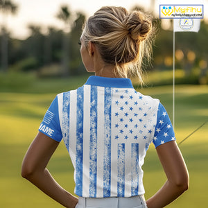 Personalized Blue & White American Flag Retro Women golf polo shirts Custom Patriotic ladies golf top NQS10308
