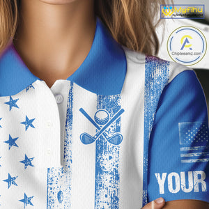 Personalized Blue & White American Flag Retro Women golf polo shirts Custom Patriotic ladies golf top NQS10308