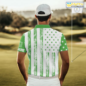 Personalized Green & White American Flag Retro Men golf polo shirts Custom Patriotic golf top for men NQS10309