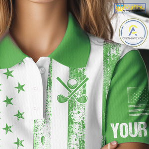 Personalized Green & White American Flag Retro Women golf polo shirt Custom Patriotic ladies golf top NQS10309