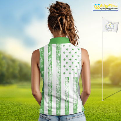 Personalized Green & White American Flag Retro Women sleeveless polo shirt Patriotic laies golf top NQS10309