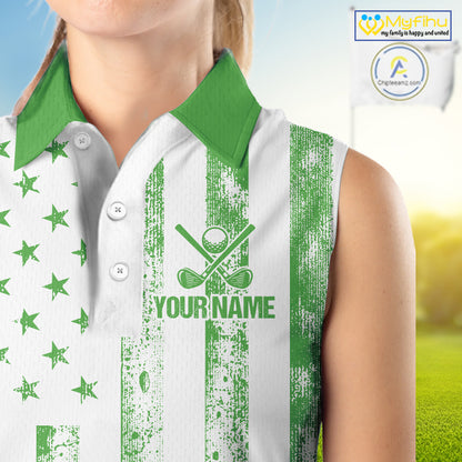 Personalized Green & White American Flag Retro Women sleeveless polo shirt Patriotic laies golf top NQS10309
