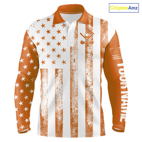 Personalized Orange & White American Flag Retro Men golf polo shirt Custom Patriotic golf top for men NQS10310