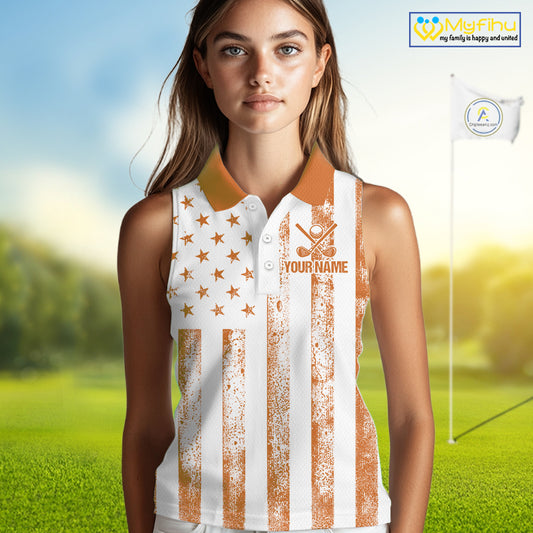 Personalized Orange & White American Flag Retro Women sleeveless polo shirt Patriotic laies golf top NQS10310