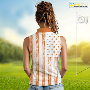 Personalized Orange & White American Flag Retro Women sleeveless polo shirt Patriotic laies golf top NQS10310