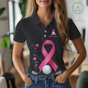 Pink ribbon golf ball clubs Black Women polo golf shirts Custom Breast cancer team golf jerseys NQS10507