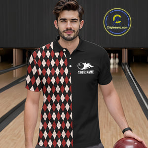 Black and Red Argyle Pattern Retro Bowling Polo, Quarter Zip Shirt for Men Custom Team Bowling Outfit NQS10510
