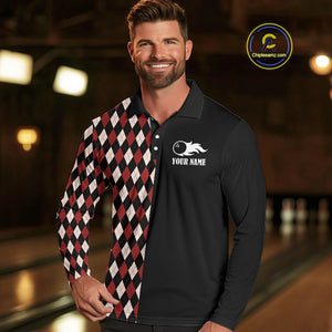 Black and Red Argyle Pattern Retro Bowling Polo, Quarter Zip Shirt for Men Custom Team Bowling Outfit NQS10510