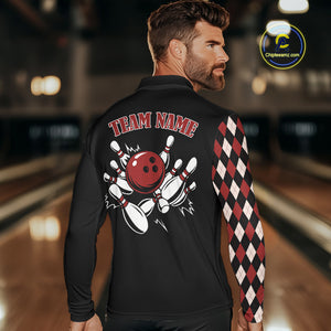 Black and Red Argyle Pattern Retro Bowling Polo, Quarter Zip Shirt for Men Custom Team Bowling Outfit NQS10510