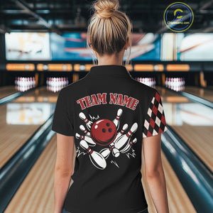 Black and Red Argyle Pattern Retro Women Bowling Polo, Quarter Zip Shirt Custom Team Bowling Outfit NQS10510