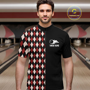 Black and Red Argyle Pattern Retro Bowling Polo, Quarter Zip Shirt for Men Custom Team Bowling Outfit NQS10510