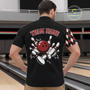 Black and Red Argyle Pattern Retro Bowling Polo, Quarter Zip Shirt for Men Custom Team Bowling Outfit NQS10510