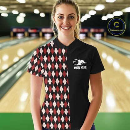 Black and Red Argyle Pattern Retro Women Bowling Polo, Quarter Zip Shirt Custom Team Bowling Outfit NQS10510
