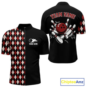 Black and Red Argyle Pattern Retro Bowling Polo, Quarter Zip Shirt for Men Custom Team Bowling Outfit NQS10510
