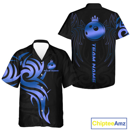 Black and Blue crown Bowling ball Hawaiian Shirt Custom Bowling Team Button Up Shirt NQS10730