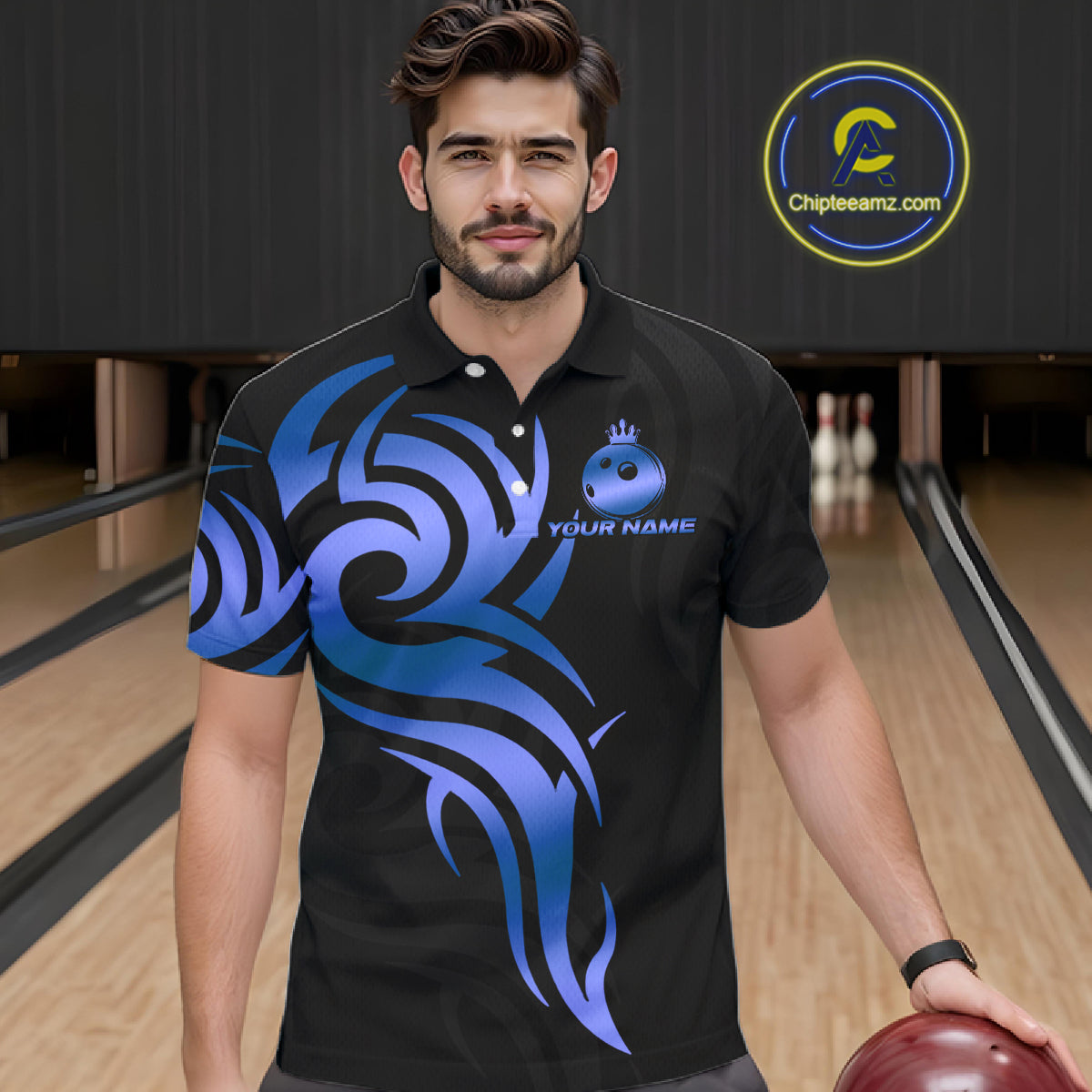 Black and Blue crown Bowling ball Polo, Quarter Zip Shirts for Men Custom Bowling Team jerseys NQS10730