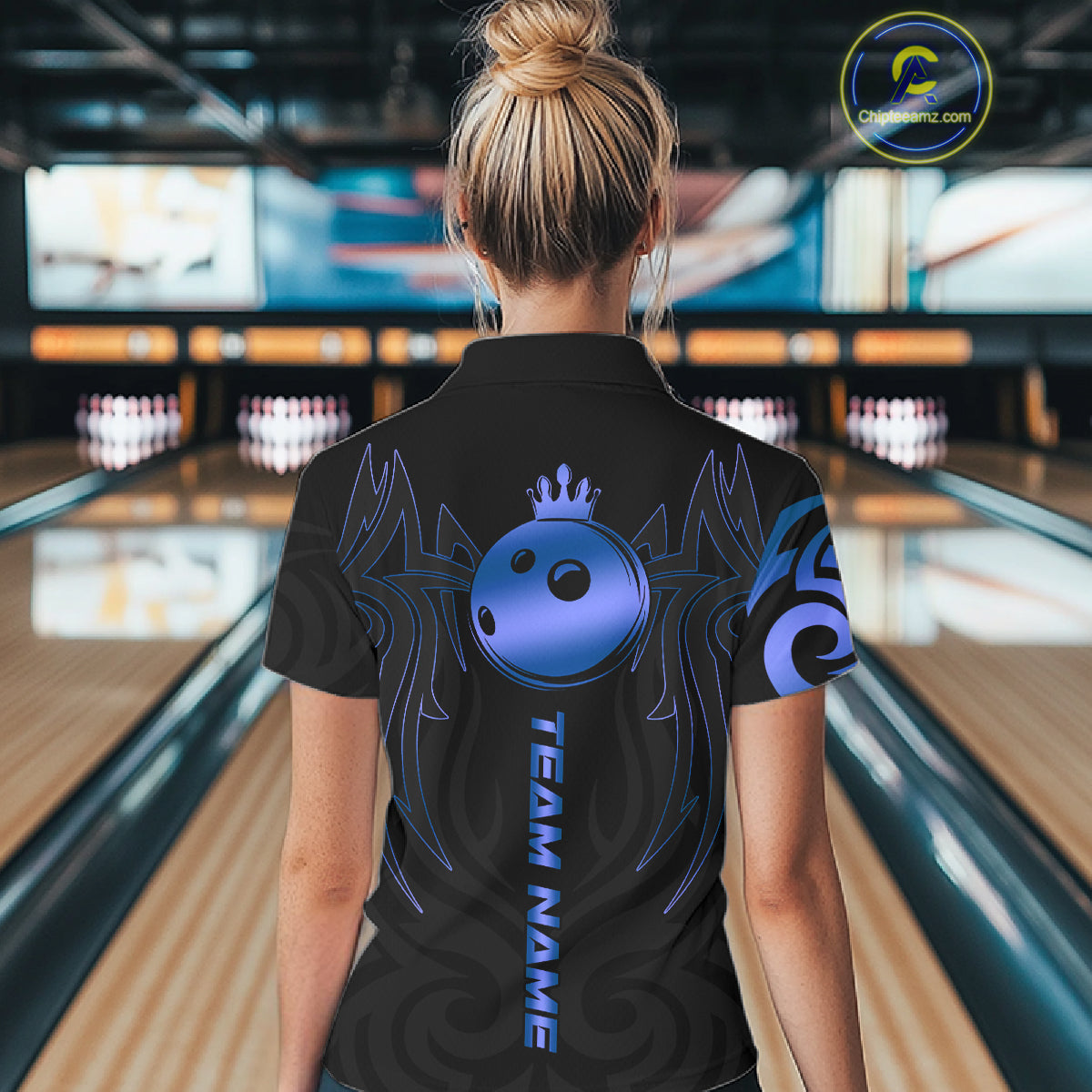 Black and Blue crown Bowling ball Polo, Quarter Zip Shirts for Women Custom Bowling Team jerseys NQS10730