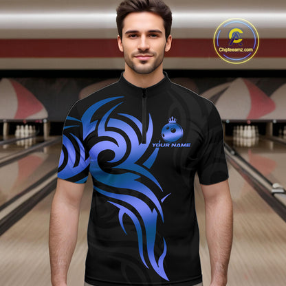 Black and Blue crown Bowling ball Polo, Quarter Zip Shirts for Men Custom Bowling Team jerseys NQS10730