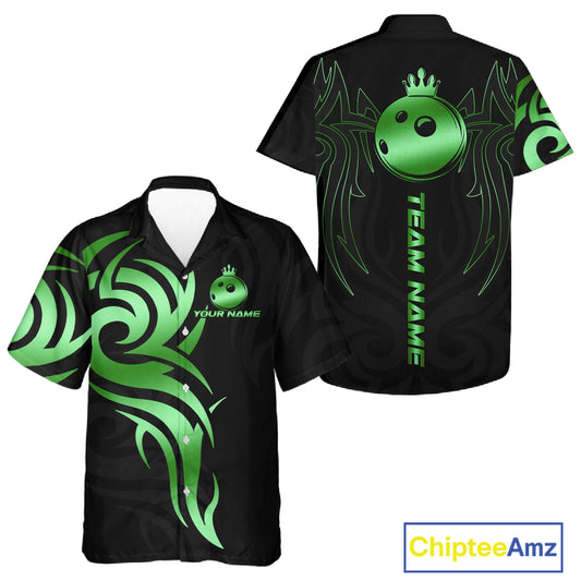 Black and Green crown Bowling ball Hawaiian Shirt Custom Bowling Team Button Up Shirt NQS10731