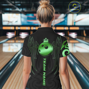Black and Green crown Bowling ball Polo, Quarter Zip Shirts for Women Custom Bowling Team jerseys NQS10731