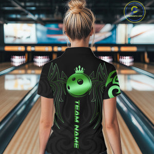 Black and Green crown Bowling ball Polo, Quarter Zip Shirts for Women Custom Bowling Team jerseys NQS10731