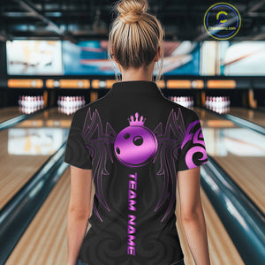 Black and Purple crown Bowling ball Polo, Quarter Zip Shirts for Women Custom Bowling Team jerseys NQS10732