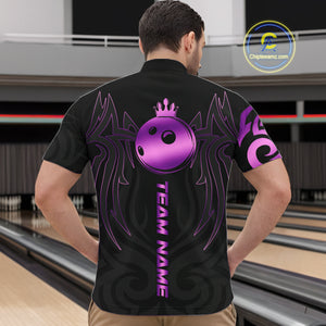 Black and Purple crown Bowling ball Polo, Quarter Zip Shirts for Men Custom Bowling Team jerseys NQS10732