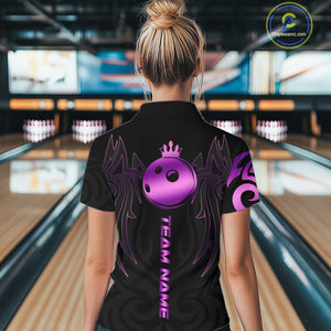 Black and Purple crown Bowling ball Polo, Quarter Zip Shirts for Women Custom Bowling Team jerseys NQS10732