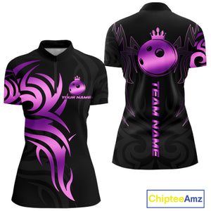 Black and Purple crown Bowling ball Polo, Quarter Zip Shirts for Women Custom Bowling Team jerseys NQS10732