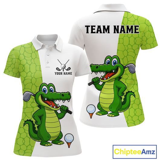 Green & White Funny Alligator Golf Polo Shirt For Women Custom ladies's golf apparel funny golf gifts NQS10738