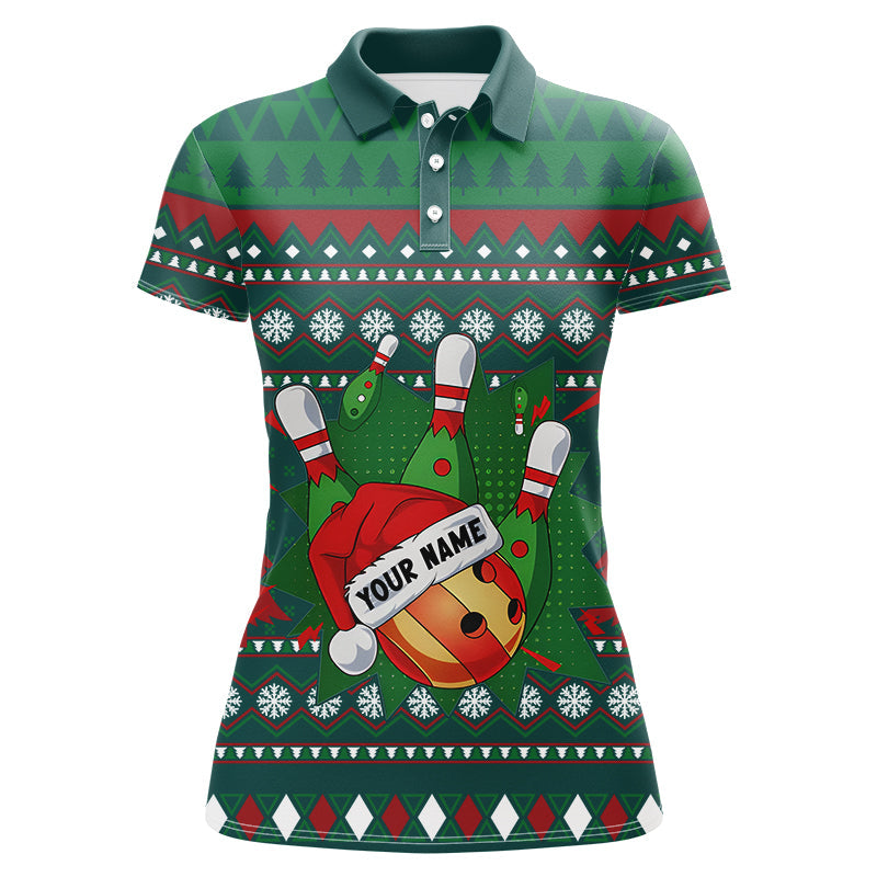 Green Christmas pattern Bowling Polo, Quarter Zip Shirt For Women Custom Christmas Bowling Team Jersey NQS8788